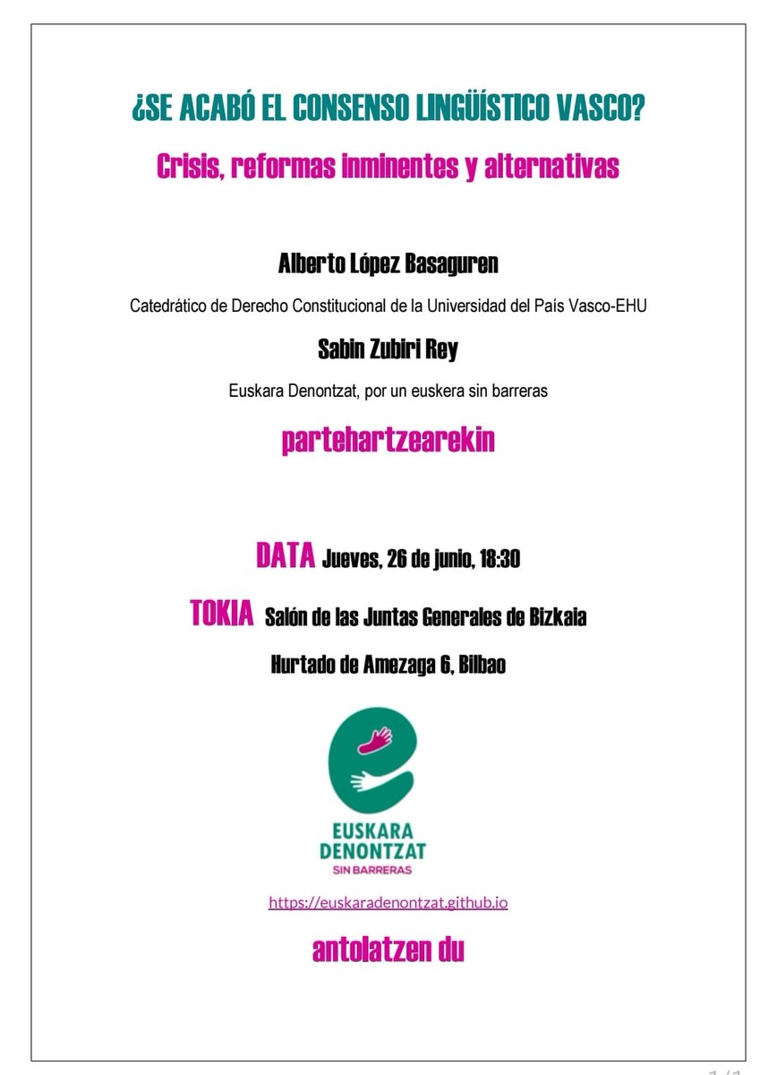 Mila esker <a href="/zergalari/">Rex Banner</a> eta Alberto López Basaguren gaur <a href="/EusDenontzat/">Euskara Denontzat</a> elkartearen esku egindako adierazpen eta hitzaldiengatik.
Hiritarren hizkuntz eskubideak eta administrazio publikoen langileen lan eskubideak nahitaez bete beharreko indizean elkartzen dira.