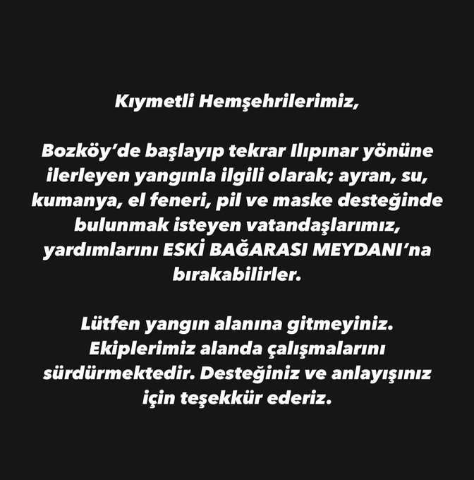YARDIM ÇAĞRISI!
Bozköy'deki yangınla mücadele sürüyor. 
Foça Belediyesi, destek olmak isteyen yurttaşlara çağrıda bulundu: 
Ayran,su 
Kumanya 
El feneri, pil 
Maske 
gibi malzemeleri ESKİ BAĞARASI MEYDANI’na bırakabilirsiniz. 
Önemli! 
Lütfen Paylaşalım.
#foça #aliağa #yangın
