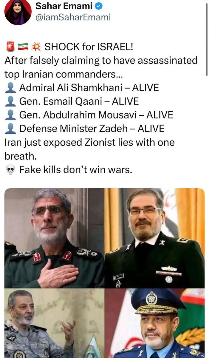 La República Islámica de Irán denunció una campaña de desinformación de Israel, que buscó debilitar la moral interna al afirmar falsamente el asesinato de líderes militares iraníes durante el conflicto en Oriente Medio. 
Teherán calificó estos informes como "falsos positivos".