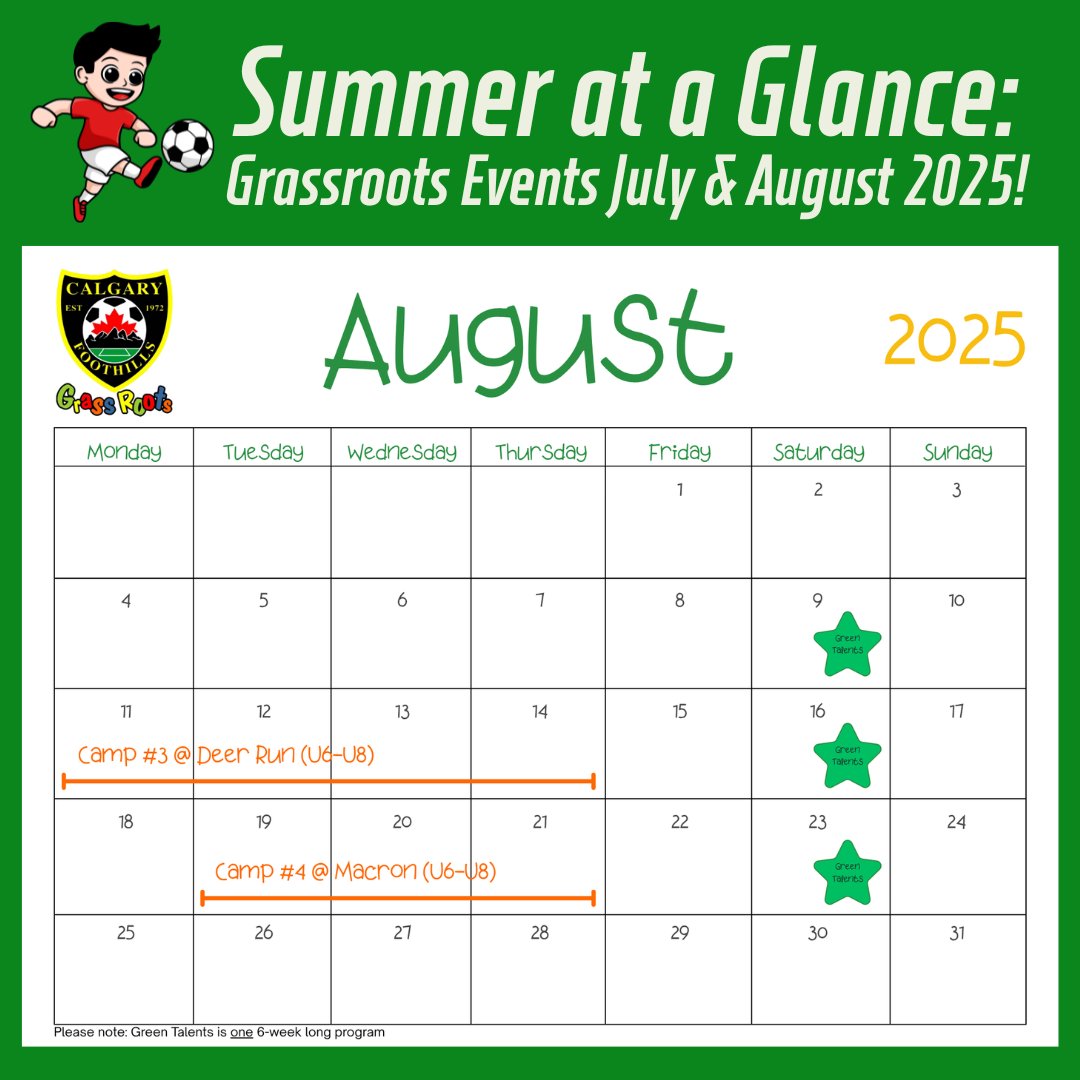 FoothillsSoccer's tweet photo. Summer’s heating up at Foothills! ☀️

U6–U8 players can join weekly camps, Green Talents Saturdays, &amp; Minifest July 6 🎈

Check our July &amp; August calendar now!

#FoothillsProud #YYCKids #SoccerCamp #YouthSoccer #CalgarySoccer https://t.co/hcYEejcirX