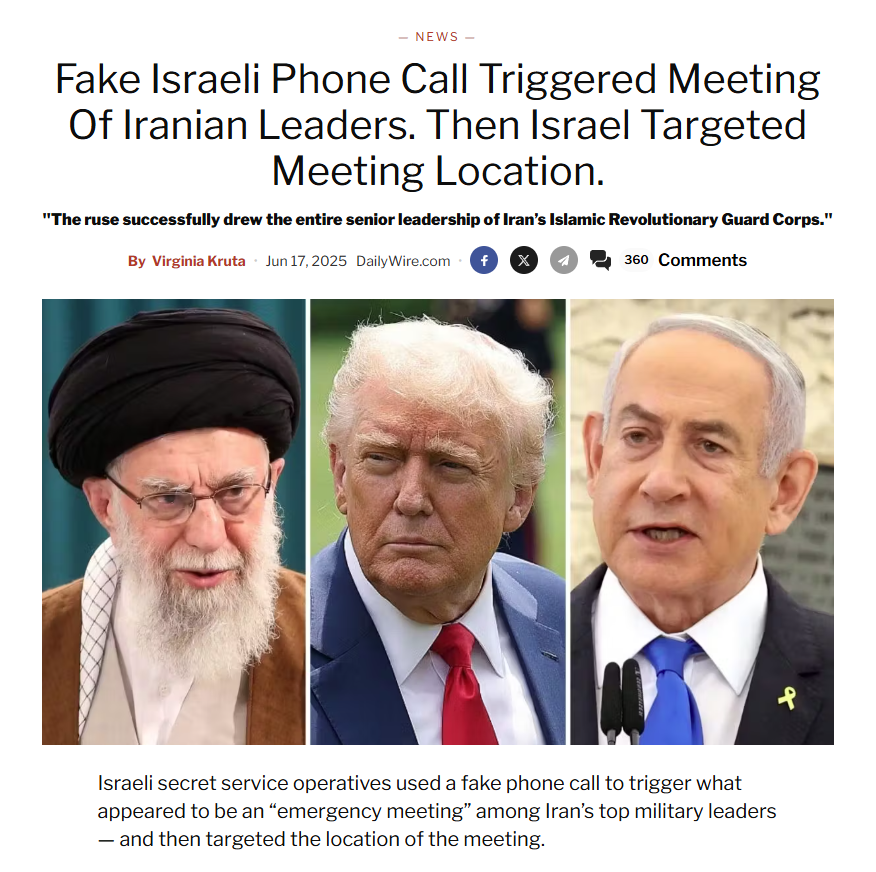 #IsraeliranWar Israel engañó a los líderes militares iraníes para reunirlos y luego los atacó, evitando que pudieran contraatacar.

Agentes del servicio secreto israelí (Mossad) usaron una llamada falsa para engañar a los líderes militares de Irán, haciéndoles creer que tenían