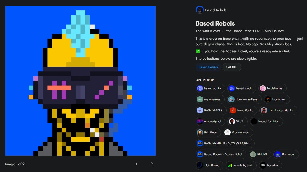 🚨 MINT IS LIVE!

The wait is over — Based Rebels FREE MINT is live on Base - <a href="/liberoverse/">Liberoverse</a>!

→ 10,000 Supply
→ Free Mint
→ 3‑Day Mint Window
→ No roadmap. No utility. Just pure degen chaos.

Mint URL: liberoverse.app/campaign/401/b…

✅ If you hold the Access Ticket, you’re already