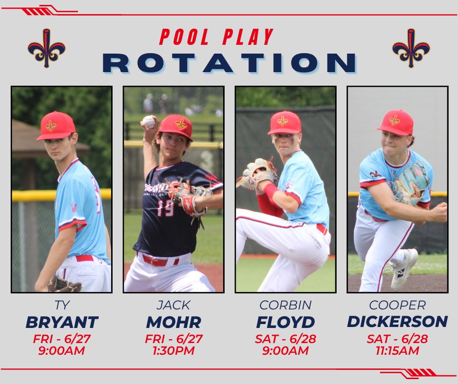 Louisville Baseball Club 2028 American (@lbc2028american) on Twitter photo ⛽️ POOL PLAY STARTERS ⛽️
Tentative starting pitchers for this weekend's pool play matchups💪
<a href="/LouBSBClub/">Louisville Baseball Club</a> ⛽️ POOL PLAY STARTERS ⛽️
Tentative starting pitchers for this weekend's pool play matchups💪
<a href="/LouBSBClub/">Louisville Baseball Club</a>
