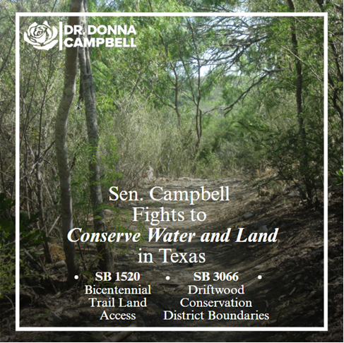 DonnaCampbellTX's tweet image. Sen. Campbell champions smart conservation, defends property rights, and protects water access as Texas communities grow. #txlege