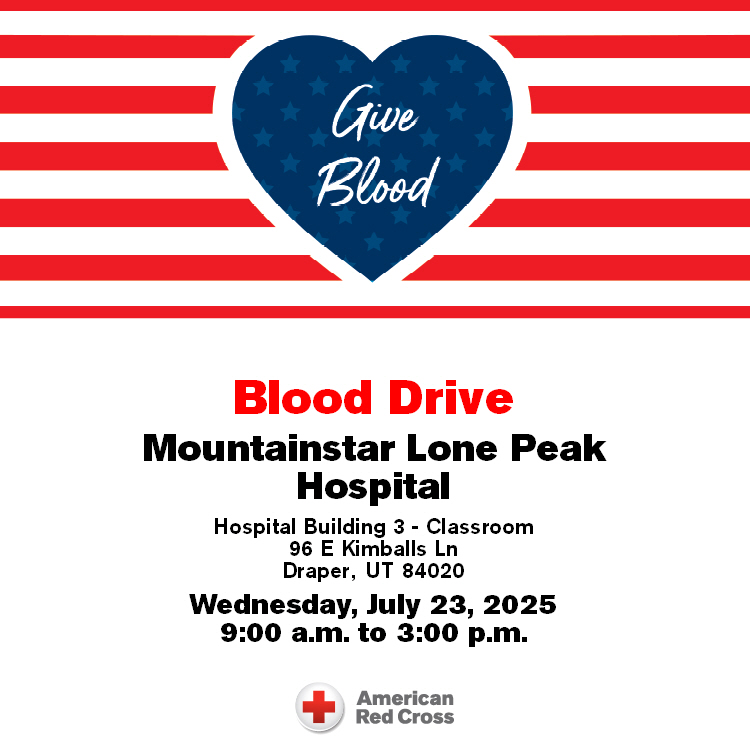 Our Draper Wellness partner Lone Peak Hospital is hosting a blood drive with the American Red Cross on Wednesday, July 23 from 9 AM - 3 PM.

Each donor will get a Fandango Movie Ticket by email (up to $15 ticket price and fees). Visit redcrossblood.org/local-homepage… for details.