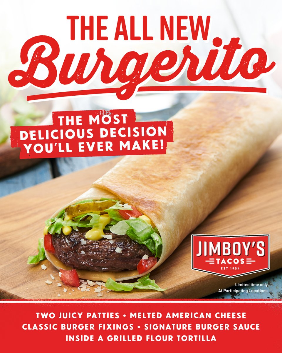 When the beloved Cheeseburger Taco goes into “burrito mode” 🌯🤓
Available NOW for a limited time only! #yourewelcome
Featuring two ground beef patties, cheese, lettuce, tomatoes, pickles, a creamy mustard sauce + parm – wrapped in a giant flour tortilla, grilled to perfection!