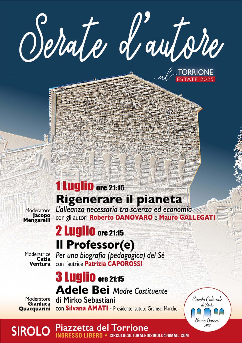 Jacopo Mengarelli (@jacopo_menga) on Twitter photo Il 1° luglio ore 21.15 farò qualche domanda a <a href="/r_danovaro/">roberto danovaro</a> e Mauro Gallegati sul loro libro "Rigenerare il pianeta" (<a href="/editorilaterza/">Editori Laterza</a>) nella bella piazzetta del Torrione a Sirolo, dopo il mare e al fresco, per riflettere di ambiente con un dialogo tra scienza ed economia. Il 1° luglio ore 21.15 farò qualche domanda a <a href="/r_danovaro/">roberto danovaro</a> e Mauro Gallegati sul loro libro "Rigenerare il pianeta" (<a href="/editorilaterza/">Editori Laterza</a>) nella bella piazzetta del Torrione a Sirolo, dopo il mare e al fresco, per riflettere di ambiente con un dialogo tra scienza ed economia.
