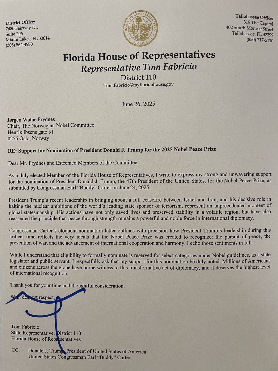 Tom Fabricio (@tpfabricio) on Twitter photo Proud to stand with <a href="/RepBuddyCarter/">Buddy Carter</a> in supporting President Donald J. Trump for the 2025 Nobel Peace Prize. His efforts to bring peace and stability to one of the world’s most volatile regions deserve global recognition. #NobelPeacePrize #PeaceThroughStrength Proud to stand with <a href="/RepBuddyCarter/">Buddy Carter</a> in supporting President Donald J. Trump for the 2025 Nobel Peace Prize. His efforts to bring peace and stability to one of the world’s most volatile regions deserve global recognition. #NobelPeacePrize #PeaceThroughStrength