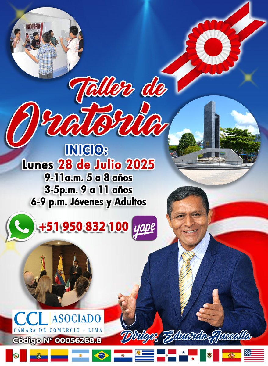 ❤️#ORATORIA EN #PICHANAKI
#Entrenate tu también del 28 de Julio al 9 de Agosto
En el único Taller de Oratoria 100% practico para Niños, Jóvenes y Adultos
📌#Informes e Inscripciones: 950 832 100
Av. Micaela Bastidas 245 
#Pichanaqui
#Auccalla
#EduardoAuccalla
#EduardoAuccallaMuje
