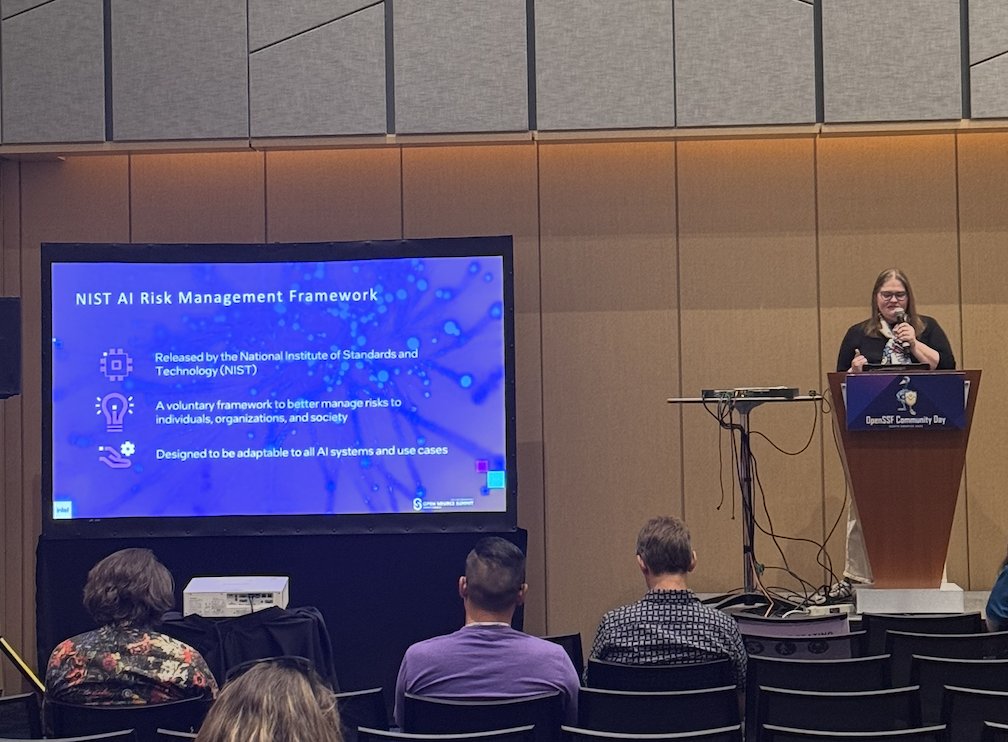 Katherine Druckman from @Intel talks about navigating security in generative AI development. Learn how collaborative efforts—like the OpenSSF AI/ML WG &amp; OPEA—are addressing emerging threats &amp; shaping practical security approaches for AI applications. #OSSummit #OpenSSFCommunity