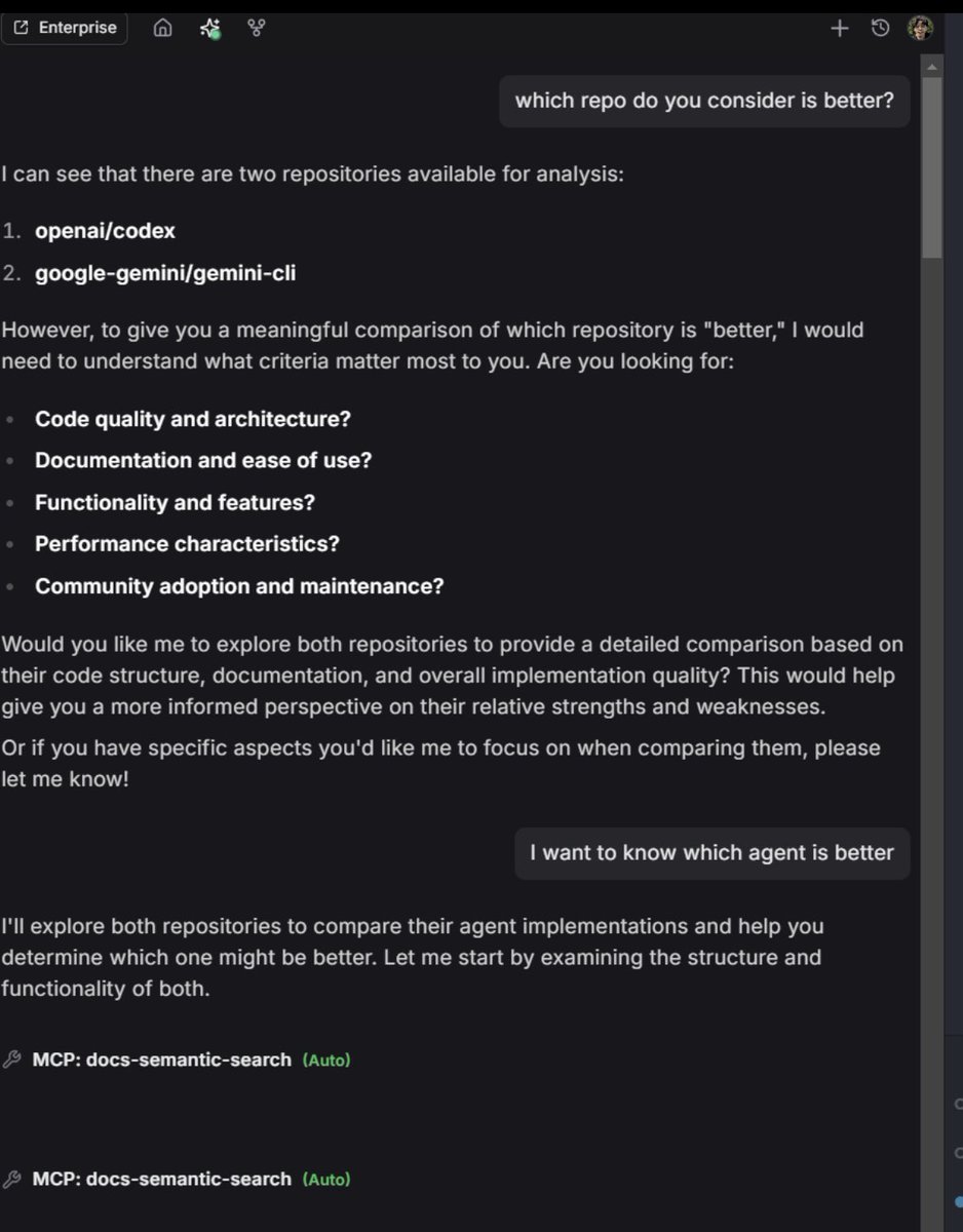 deepgraphMCP's tweet image. Now you can add two repos in one MCP

{
   &quot;mcpServers&quot;: {
      &quot;Deep Graph MCP&quot;: {
         &quot;command&quot;: &quot;npx&quot;,
         &quot;args&quot;: [&quot;-y&quot; , 
         &quot;mcp-code-graph@latest&quot;, 
         &quot;user1/repo1&quot;, 
         &quot;user2/repo2&quot;
        ]
      }
   }
}

Try this 👇