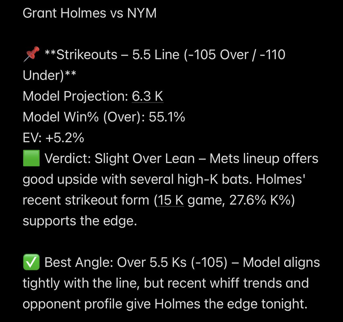 TCDataModel's tweet photo. @Calikyle30 This is what the model came up with, favors the 2nd half of the lineup for strikeouts so any he may get in the top 4-5 are a bonus https://t.co/6FhxyTzfI4