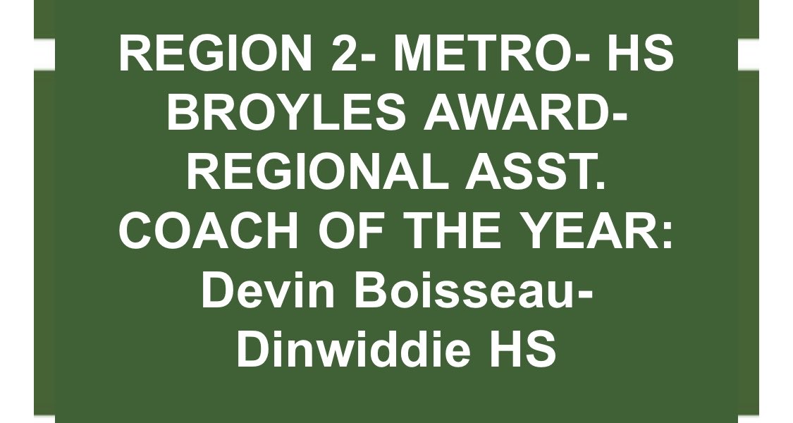 Navy Nation join me in congratulating Coach Devin Boisseau for receiving the Region 2 Broyles Award for the top assistant coach in the Metro area! That’s two in a row for Dinwiddie, Coach David Davis won it last year! Proud of my guys! #NavyNation