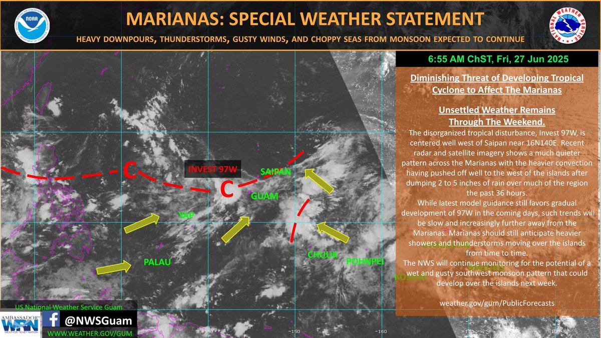 NWSGuam's tweet image. The last Special Weather Statement (SPS) has been issued for the Marianas regarding Invest 97W. Due to a continuing southwest monsoon pattern, expect occasional upticks in heavy rain and gusty winds the next several days. A Flood Watch remains in effect through Sunday night.
