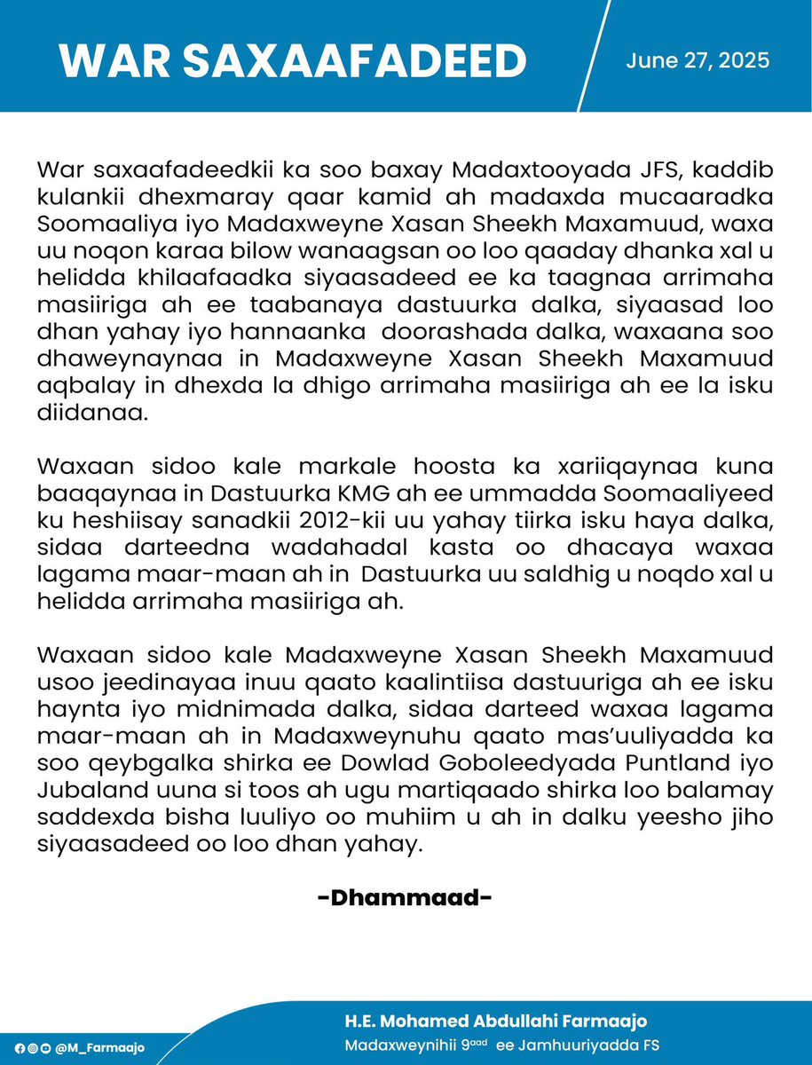 War saxaafadeedkii ka soo baxay Madaxtooyada JFS, kaddib kulankii dhexmaray qaar kamid ah madaxda mucaaradka Soomaaliya iyo Madaxweyne Xasan Sheekh, waxa uu noqon karaa bilow wanaagsan oo loo qaaday dhanka xal u helidda khilaafaadka siyaasadeed ee ka taagnaa arrimaha masiiriga ah