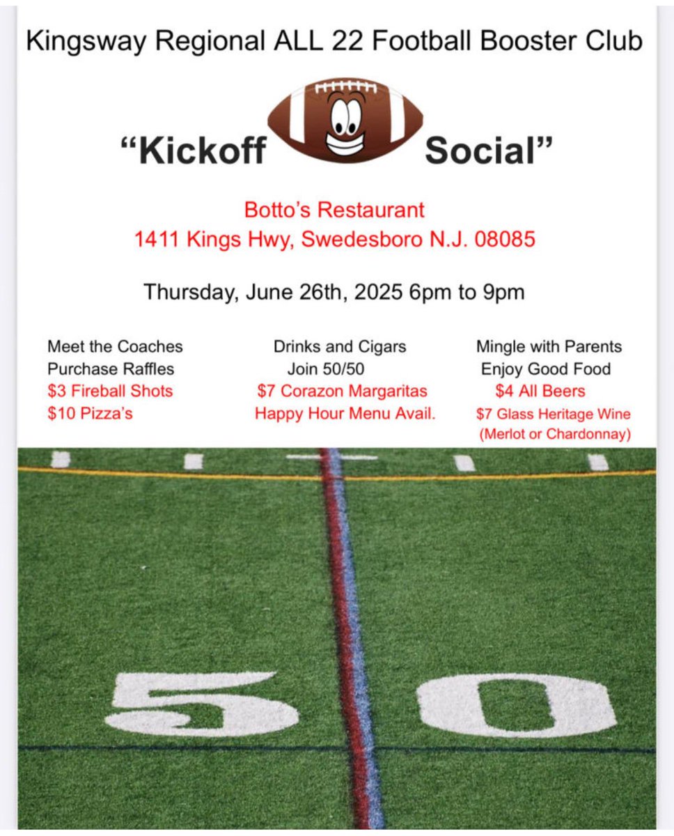 CoachMHendricks's tweet image. Starting at 6 | Kickoff Social @ Botto’s in Swedesboro
Be a part of the 🏈 Family
Be a part of the 🔴⚫️Tradition