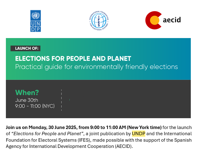 IFES1987's tweet image. When the heat is scorching, the last thing you want is to step outside. Yet, #extremeweather is a reality many voters face during elections. To plan for climate impacts on elections, @IFES1987 and @UNDP produced “Elections for People and Planet.” Register undp.zoom.us/meeting/regist…