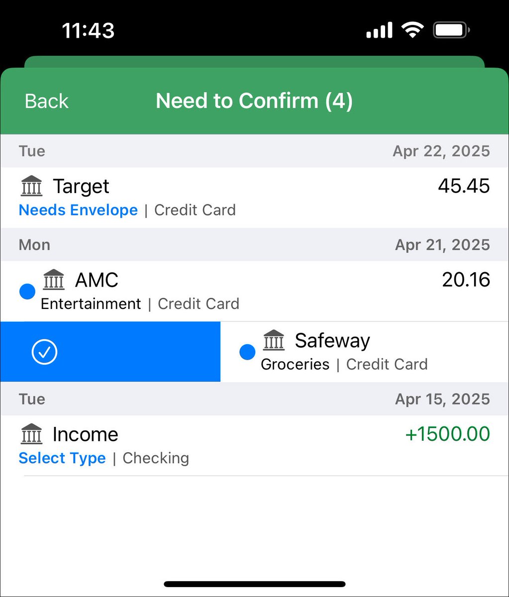 Save even more time when you swipe to confirm your automatically imported transactions on your iPhone! When you see a blue dot, just swipe your transaction away. Read more on our blog: tinyurl.com/a79cj68c
