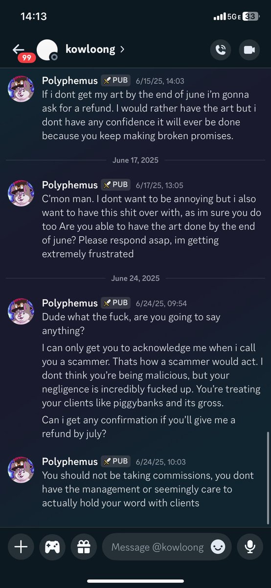 Update to <a href="/uneffortlyutara/">.eiknA</a> scam

I got in contact with them on discord after the initial post, in which i was told my commission would be worked on. I kept trying to get a timeframe of when that would be, to no response. I have managed to get one more response since march.