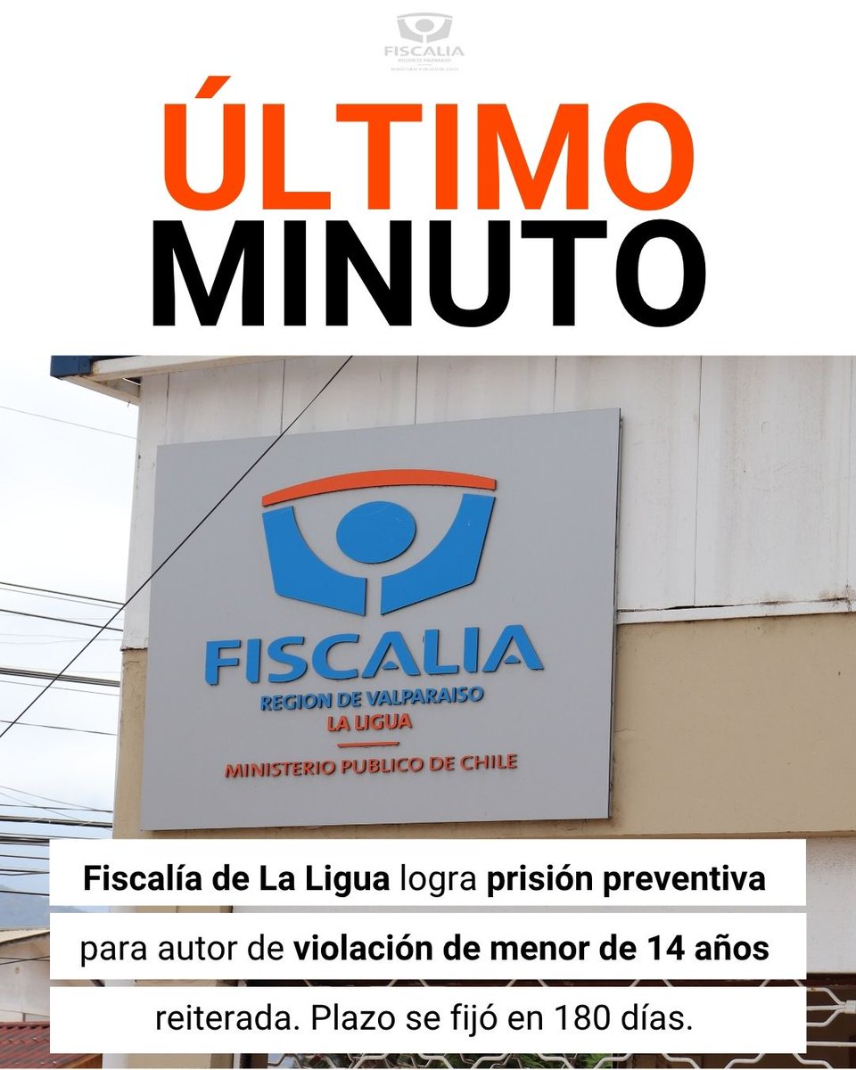 Fiscalía Regional de Valparaíso (@fiscaliaregionv) on Twitter photo 📢Fiscalía de #LaLigua formalizó esta jornada a imputado por violación reiterada de menor de 14 años en #ValleHermoso. Quedó en PRISIÓN PREVENTIVA.
📌La causa se encuentra con reserva y se fijó un plazo de investigación de 180 días. <a href="/FiscaliadeChile/">Fiscalía Nacional</a> <a href="/FRValparaiso/">Fiscalía Regional de Valparaíso</a> 📢Fiscalía de #LaLigua formalizó esta jornada a imputado por violación reiterada de menor de 14 años en #ValleHermoso. Quedó en PRISIÓN PREVENTIVA.
📌La causa se encuentra con reserva y se fijó un plazo de investigación de 180 días. <a href="/FiscaliadeChile/">Fiscalía Nacional</a> <a href="/FRValparaiso/">Fiscalía Regional de Valparaíso</a>