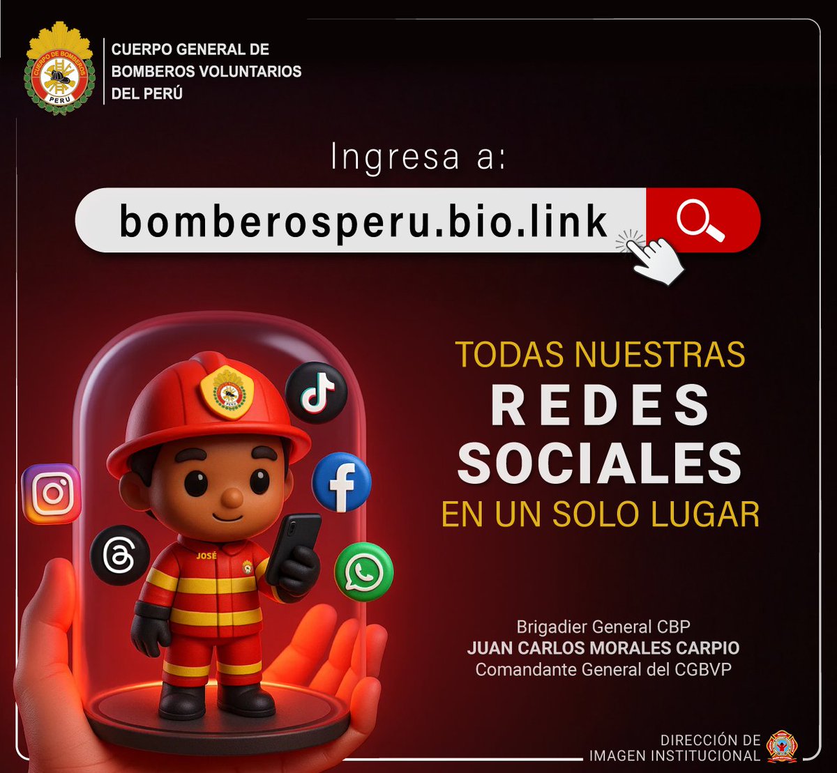 📲 ¡Conéctate con nosotros!
Ahora puedes encontrar todas nuestras redes sociales, web oficial y canales informativos en un solo lugar.
Ingresa a 👉 bomberosperu.bio.link y mantente informado sobre cursos, prevención, eventos y mucho más.
🇵🇪 Desde 1860, siempre en primera línea.