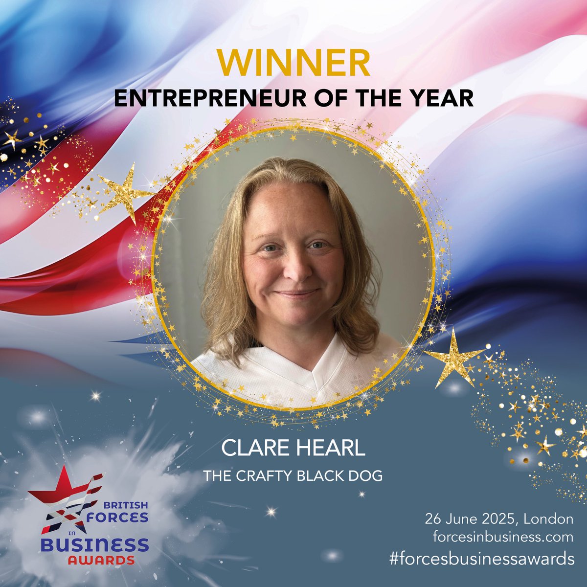 Clare Hearl of The Crafty Black Dog wins Entrepreneur of the Year, sponsored by Douneside Military Club. Congrats Clare! #ForcesBusinessAwards