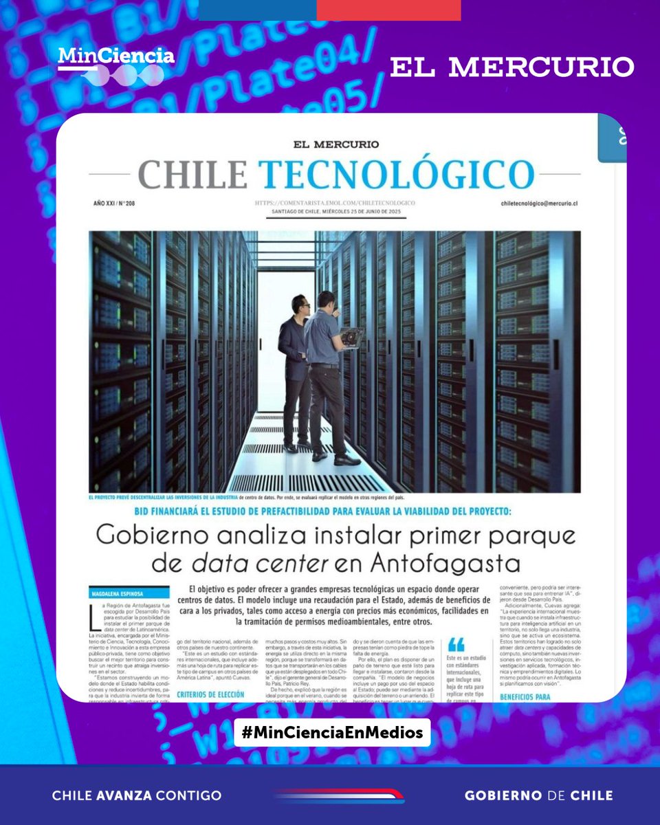 Ministerio de Ciencia (@min_ciencia) on Twitter photo #MinCienciaEnMedios 📰 Gobierno analiza instalar primer parque de data center en Antofagasta
<a href="/elmercurioec/">Diario El Mercurio</a> entrevistó al subsecretario Cristian Cuevas sobre esta iniciativa
🔍 Puedes leer la nota completa en: bit.ly/44zpITo #MinCienciaEnMedios 📰 Gobierno analiza instalar primer parque de data center en Antofagasta
<a href="/elmercurioec/">Diario El Mercurio</a> entrevistó al subsecretario Cristian Cuevas sobre esta iniciativa
🔍 Puedes leer la nota completa en: bit.ly/44zpITo