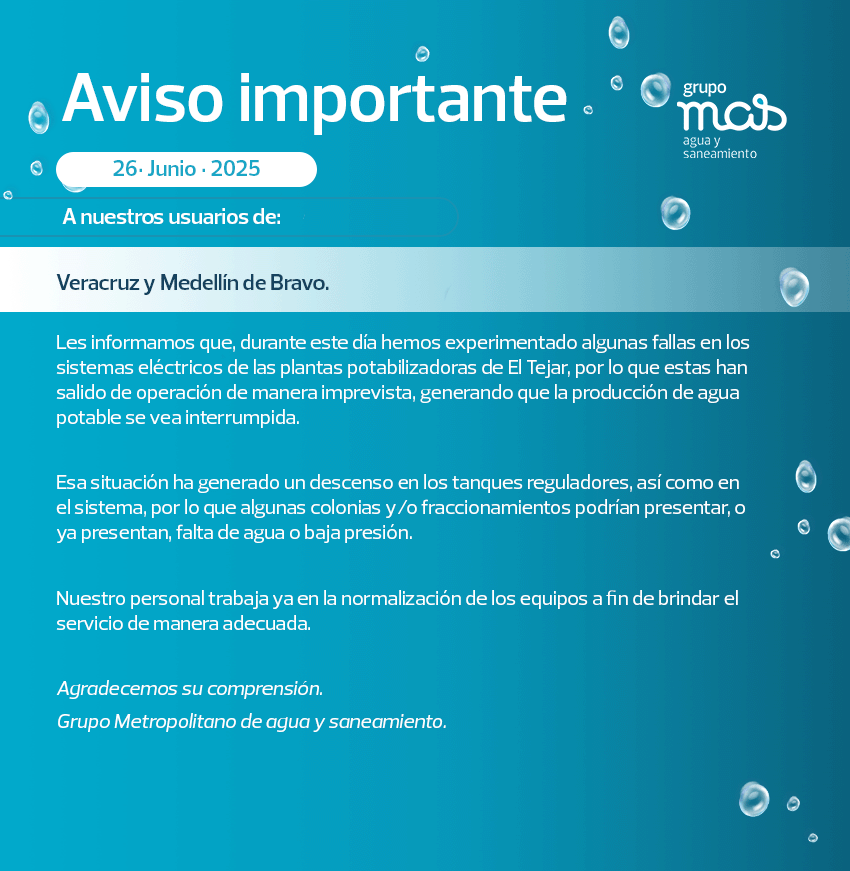 GrupoMASAgua's tweet photo. Aviso importante a nuestros usuarios de Veracruz y Medellín de Bravo.
#GrupoMAS https://t.co/C3qUFOTy8M