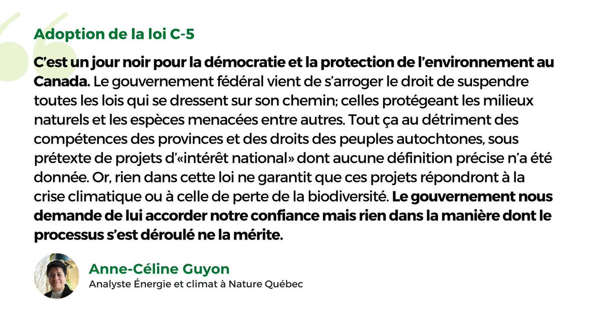 #C5, le projet de loi pour accélérer les projets d'intérêt national vient d'être adopté. Notre réaction 👇  #polcan #cdnpoli