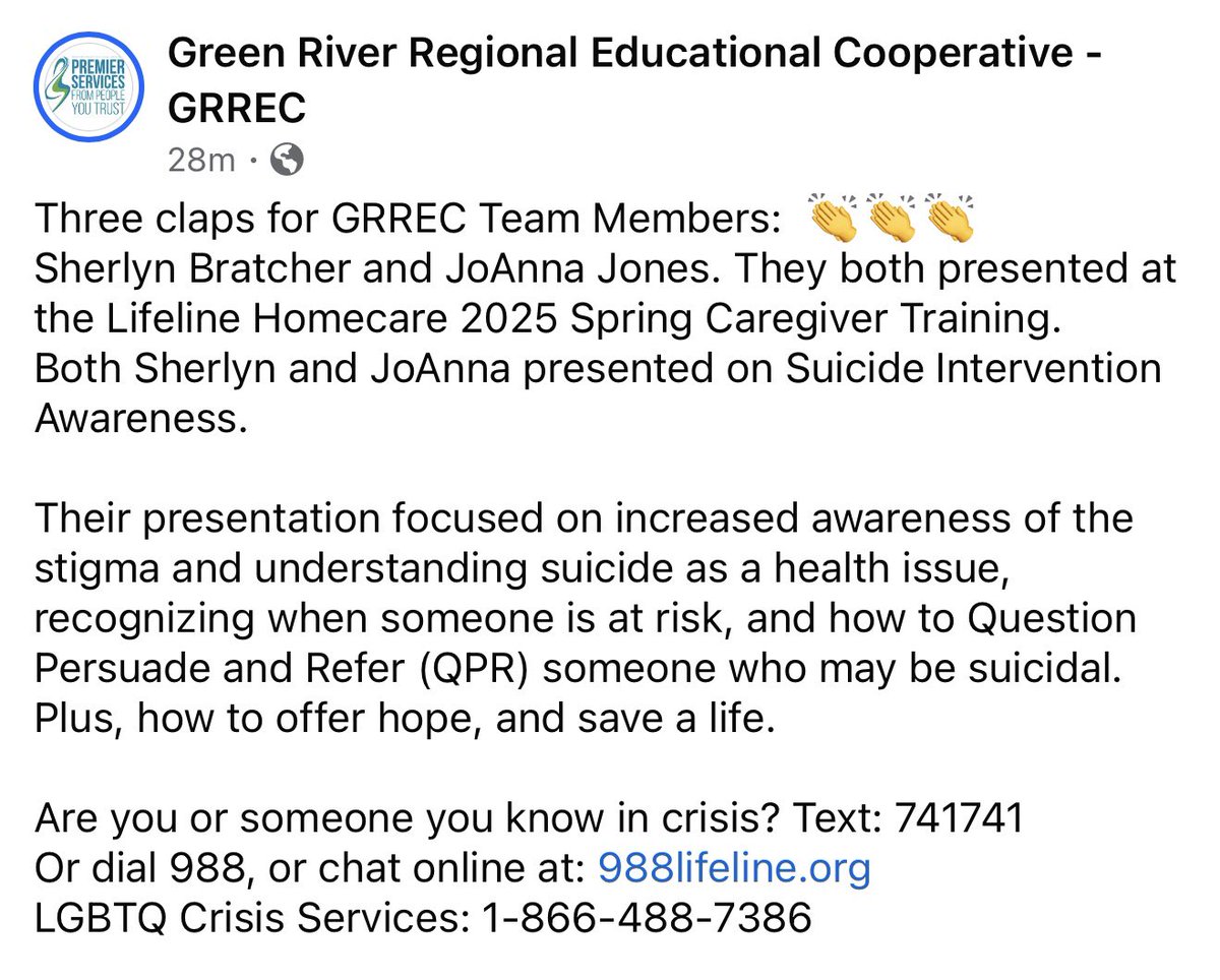 SherlynBratcher's tweet image. Always love providing resources, support and training around suicide awareness. Especially enjoyed the discussion with the participants and their engagement. Love presenting with JoAnna Liles Jones! #SuicideAwareness