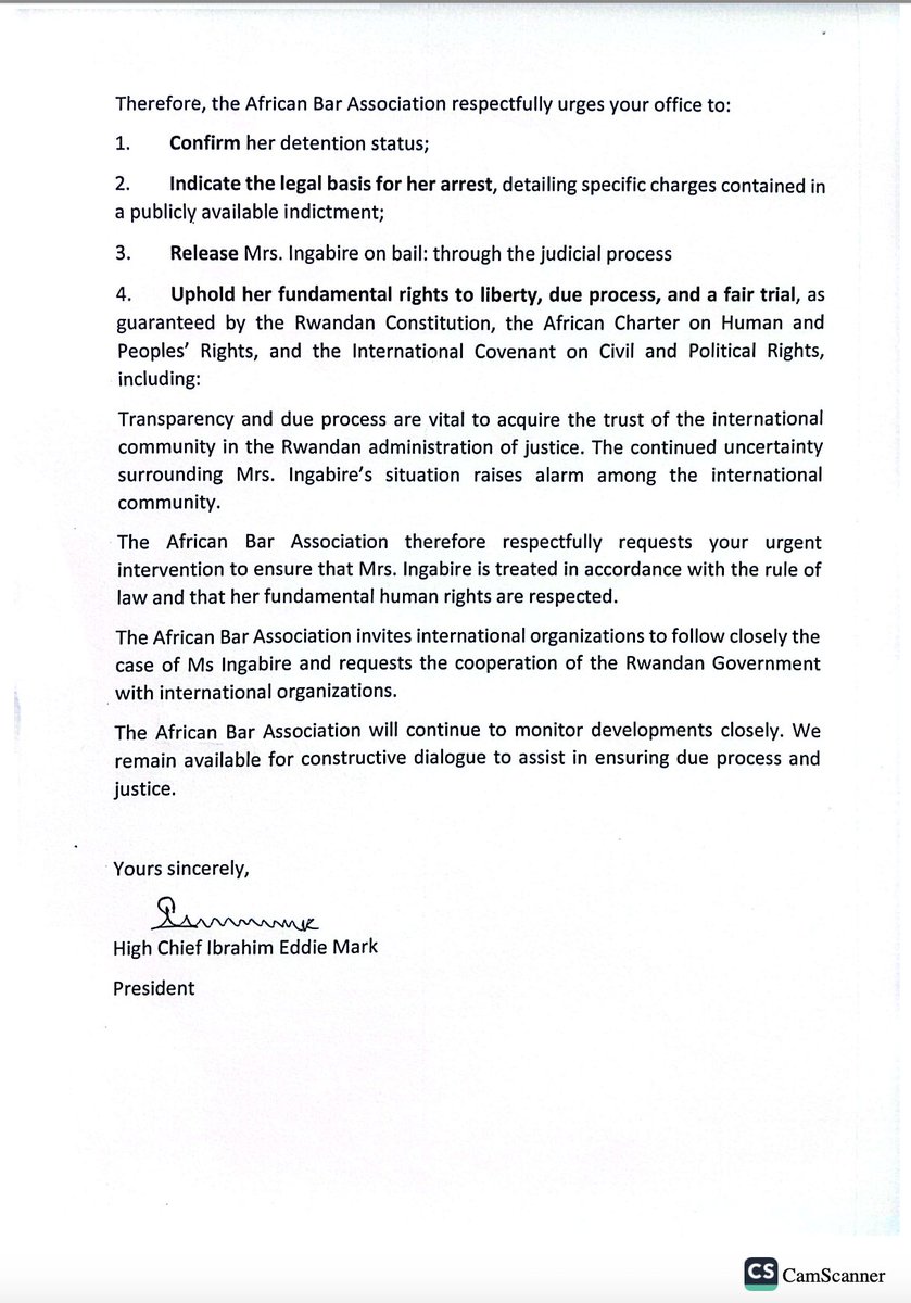 The African Bar Association calls on Rwandan Attorney General Emmanuel Ugirashebuja to honor international legal obligations and respect the due process rights of Victoire Ingabire. The Rwandan government arrested her on June 19, and her whereabouts are unknown. #Rwanda