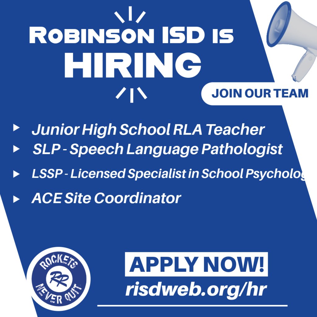 Notice our new job openings at #RobinsonISD — where great people build great futures! Join RobinsonISD and make a difference! Apply today and be part of something amazing! 🌟