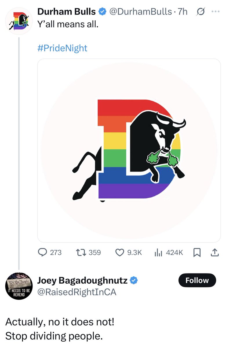 C-GAK (@cgak) on Twitter photo Can someone explain to me how in the actual fuck being inclusive is ādividing peopleā???
Like is it some sorta Dr. Strange multiverse riddle ass shit like āif you put the puzzle together youāve actually taken it apartā? Like wtf?
Also, mad love for <a href="/DurhamBulls/">Durham Bulls</a> Can someone explain to me how in the actual fuck being inclusive is ādividing peopleā???
Like is it some sorta Dr. Strange multiverse riddle ass shit like āif you put the puzzle together youāve actually taken it apartā? Like wtf?
Also, mad love for <a href="/DurhamBulls/">Durham Bulls</a>