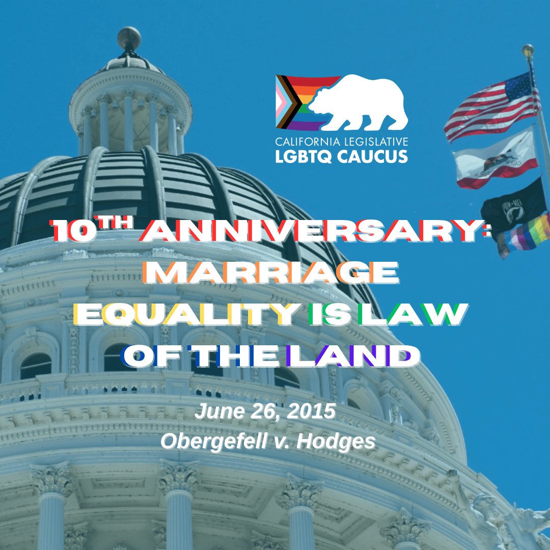 10 years ago, today Obergefell v. Hodges decision ruled that marriage equality is the law of the land. This landmark U.S. Supreme Court decision enshrined marriage equality rights, providing same-sex couples equal freedom to marry who they love 🌈💍