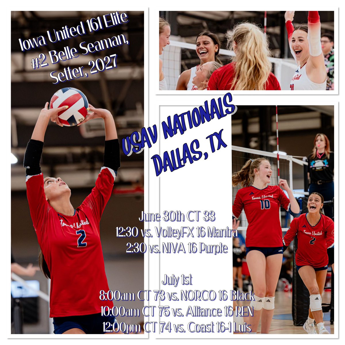 Belle Seaman (@belle_seaman) on Twitter photo Excited to play at Nationals in Dallas this coming week! Here’s my <a href="/IowaUnitedVB/">Iowa United Volleyball</a> 16-1 Elites schedule for Day 1 and Day 2! Excited to play at Nationals in Dallas this coming week! Here’s my <a href="/IowaUnitedVB/">Iowa United Volleyball</a> 16-1 Elites schedule for Day 1 and Day 2!