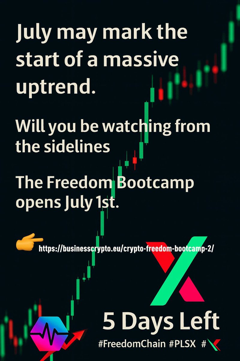 MasterPo2024's tweet image. July may mark the start of a massive uptrend.

Will you be watching from the sidelines
—or stacking your bonus while prices are still down?

The Freedom Bootcamp opens July 1st.

👉 businesscrypto.eu/crypto-freedom…

5 Days Left
#FreedomChain #PLSX #MacroShift