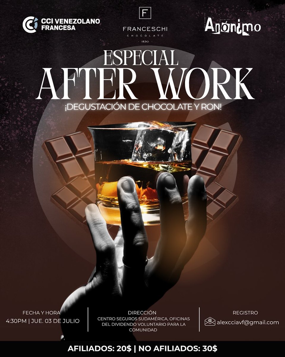 Este próximo jueves 03 de julio, dale un giro inesperado a tu tarde y acompáñanos en un after work fuera de lo común: una degustación sensorial de chocolate y ron en los espacios del Dividendo Voluntario para la Comunidad (DVC) en El Rosal. Más info: goo.su/jf3ka