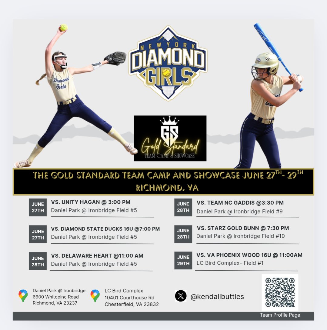 Kendall Buttles (@kendallbuttles) on Twitter photo This weekend I will be playing in the Gold Standard Showcase with my NY Diamond Girls team in Richmond, VA. Can’t wait for this experience! <a href="/HokiesSoftball/">Virginia Tech Softball</a> <a href="/UVASoftball/">Virginia Softball</a> <a href="/Pitt_SB/">Pitt Softball</a> <a href="/Bucknell_SB/">Bucknell Softball</a> <a href="/ecu__softball/">East Carolina Softball</a> <a href="/JMUSoftball/">JMU Softball</a> <a href="/EastCoastFP/">East Coast Fastpitch Softball</a> <a href="/SBRRetweets/">Softball Recruiting Reposts</a> <a href="/PrepSoftball/">Prep Softball 🥎</a> <a href="/ExtraInningSB/">EXTRA INNING SOFTBALL</a> This weekend I will be playing in the Gold Standard Showcase with my NY Diamond Girls team in Richmond, VA. Can’t wait for this experience! <a href="/HokiesSoftball/">Virginia Tech Softball</a> <a href="/UVASoftball/">Virginia Softball</a> <a href="/Pitt_SB/">Pitt Softball</a> <a href="/Bucknell_SB/">Bucknell Softball</a> <a href="/ecu__softball/">East Carolina Softball</a> <a href="/JMUSoftball/">JMU Softball</a> <a href="/EastCoastFP/">East Coast Fastpitch Softball</a> <a href="/SBRRetweets/">Softball Recruiting Reposts</a> <a href="/PrepSoftball/">Prep Softball 🥎</a> <a href="/ExtraInningSB/">EXTRA INNING SOFTBALL</a>