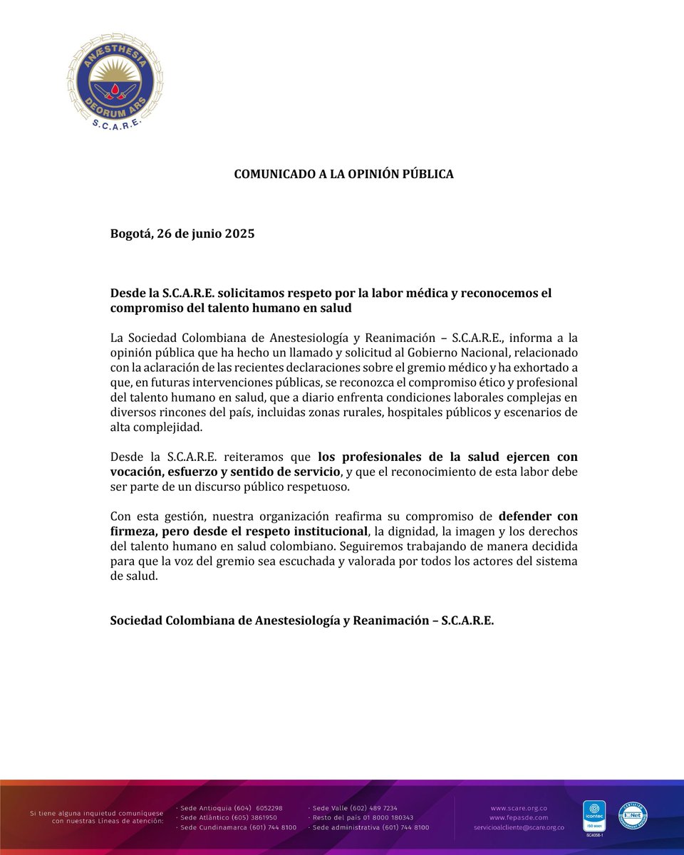 scarecolombia's tweet image. 📢 Desde la S.C.A.R.E. hacemos un llamado por el respeto a la labor médica y el reconocimiento al compromiso del talento humano en salud.
Nuestros profesionales enfrentan realidades complejas con vocación y ética.
#SCARE #TalentoHumanoEnSalud #RespetoALaLaborMédica