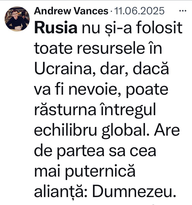S.P. 🇷🇴 (@petrescusandu) on Twitter photo Băi <a href="/AndrewVances/">Andrew Vances</a> când a semnat Cufurimea Sa tratatul cu Dumnezeu? Înainte sau după ce a semnat cu ayatollahu’? Băi, exaltatule, Dumnezeu nu se înhăitează cu hoardele de sălbatici decât in fanteziile tale de sectant dus cu pluta. Băi <a href="/AndrewVances/">Andrew Vances</a> când a semnat Cufurimea Sa tratatul cu Dumnezeu? Înainte sau după ce a semnat cu ayatollahu’? Băi, exaltatule, Dumnezeu nu se înhăitează cu hoardele de sălbatici decât in fanteziile tale de sectant dus cu pluta.