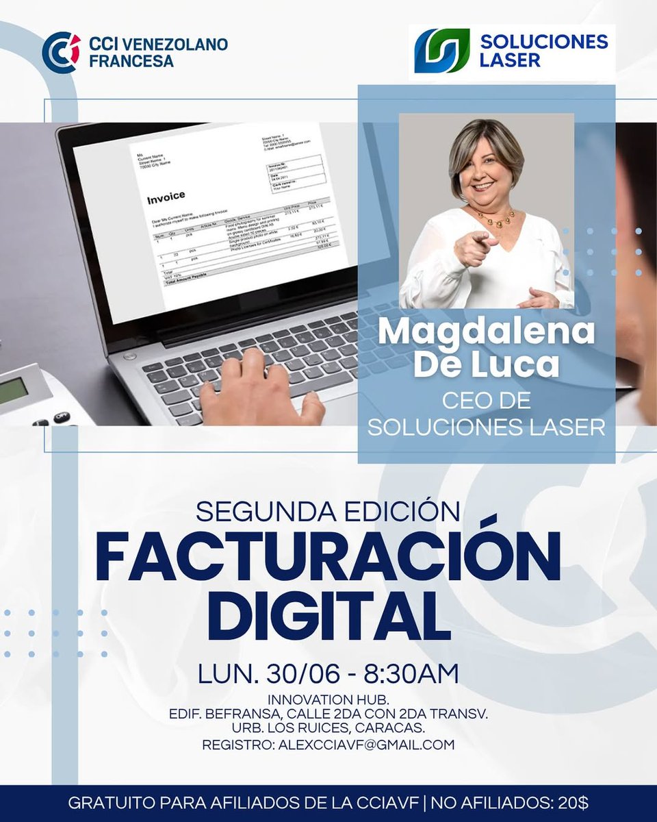 Acompáñanos el lunes 30/06 en el moderno espacio del Innovation Hub, Edif. Befransa – Los Ruices, para conversar sobre los retos, avances y oportunidades en materia de facturación digital. Ponente invitada: Magdalena De Luca. Más info: goo.su/dX9zfnq