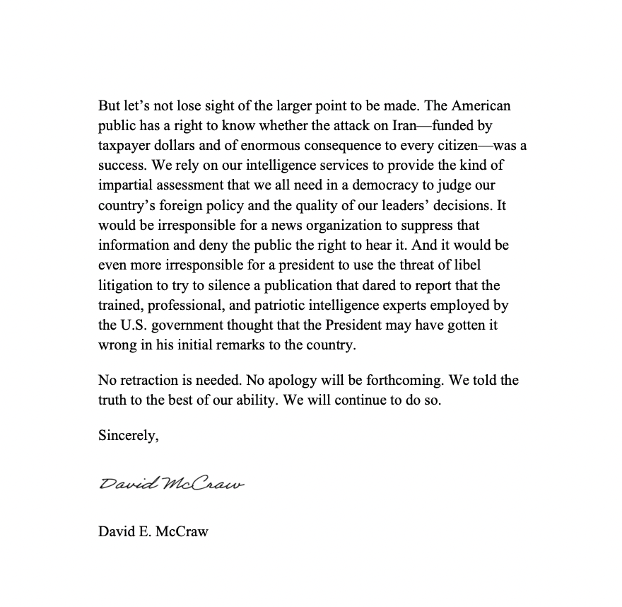 Here's the letter NYT lead newsroom attorney David McCraw sent to Trump. The paper said: "No retraction is needed. No apology will be forthcoming. We told the truth to the best of our ability. We will continue to do so."