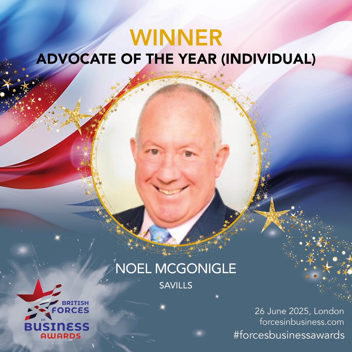 Noel McGonigle from Savills wins Advocate of the Year (Individual), sponsored by <a href="/SSAFA/">SSAFA</a>. Congrats Noel! #ForcesBusinessAwards