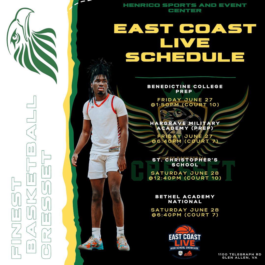 Coaches <a href="/FBC_MBB/">Finest Basketball Cressent Christian Academy</a> we will be in attendance at <a href="/ECL_Showcase/">East Coast Live</a>. Looking forward to another great event to finish out June period! #fbc🦅