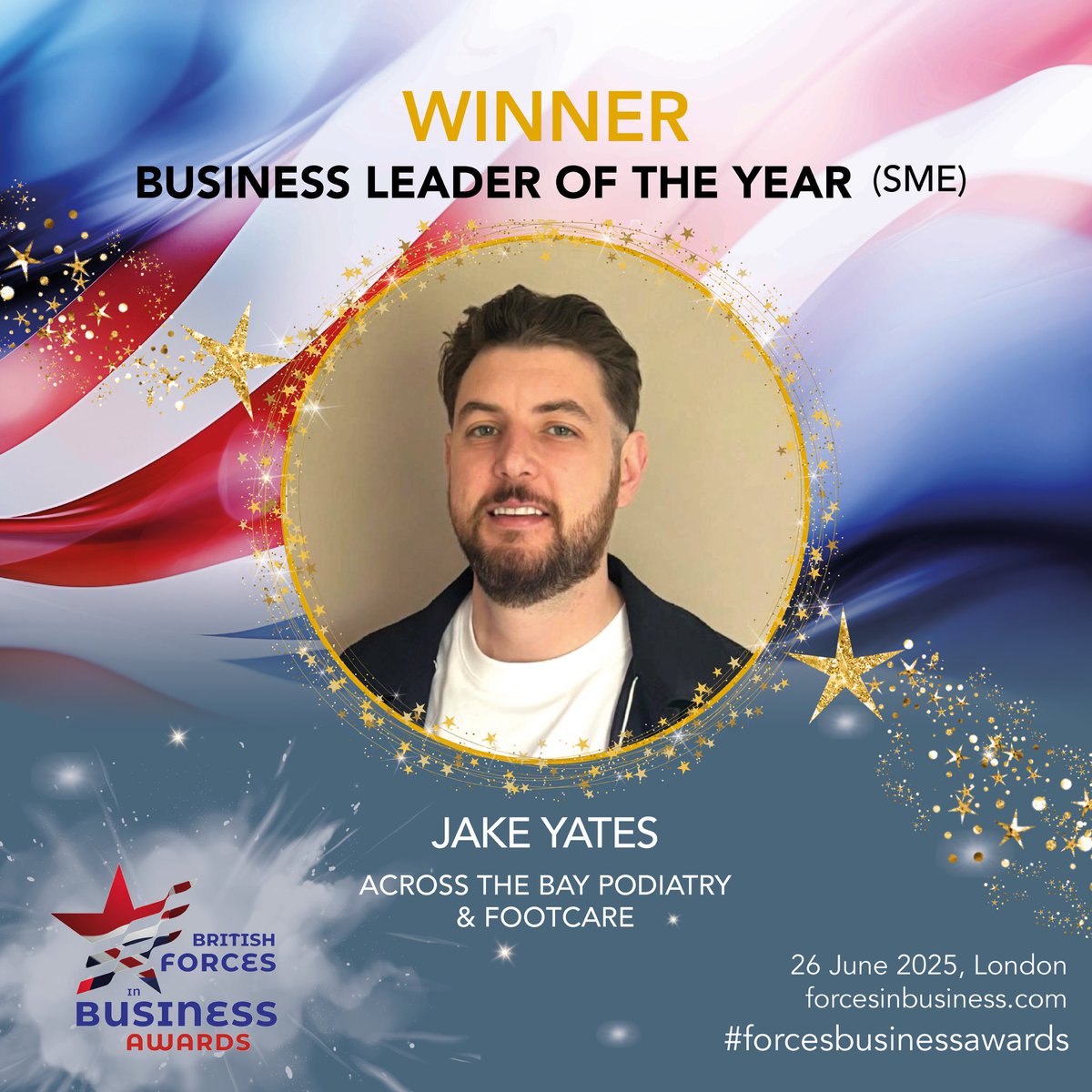 Jake Yates from Across the Bay Podiatry &amp; Footcare wins Business Leader of the Year (SME), sponsored by @Amazon. Top work Jake! #ForcesBusinessAwards