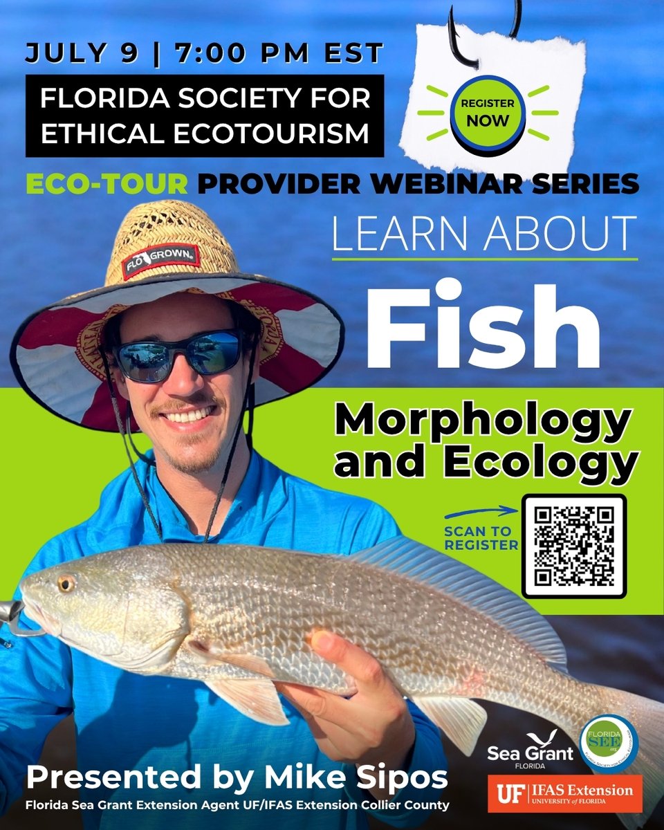 Save the Date for the Florida Society for Ethical Ecotourism webinar on July 9th! Florida Sea Grant UF/IFAS Collier County Extension Agent Mike Sipos will share his expertise on fish morphology and ecology. 🐟🎣 This FREE seminar will be filled with information on the diversity
