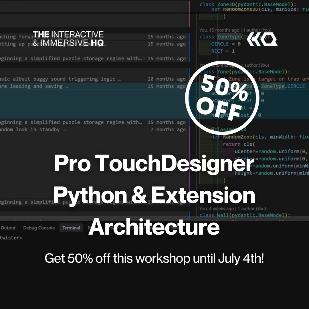 ImmersiveHq's tweet image. Our new course “Pro TouchDesigner Python &amp;amp; Extension Architecture” is available now and on sale for 50% off for a limited time: iihq.tv/python-archite…

You’ll learn how to architect robust Python extensions, build state machines, and implement Git workflows designed specifically…