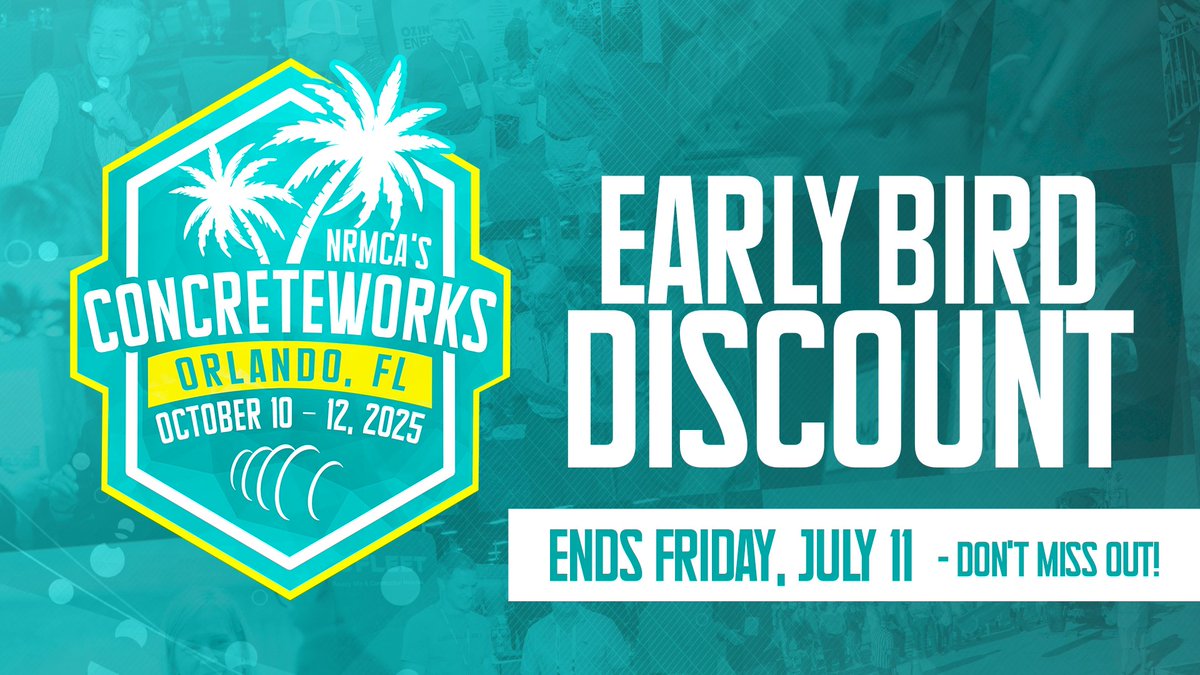 🚨 Don’t Miss Out 🚨 – Early Bird Registration Discount for #NRMCA's ConcreteWorks 2025 ENDS Friday, July 11th: bit.ly/3SxA7Z1 

🌴 NRMCA's ConcreteWorks 2025
🗓 October 10–12, 2025
📍 Gaylord Palms in Kissimmee, FL (Orlando)

#ConcreteWorks2025 #CWorks25 #NRMCA2025
