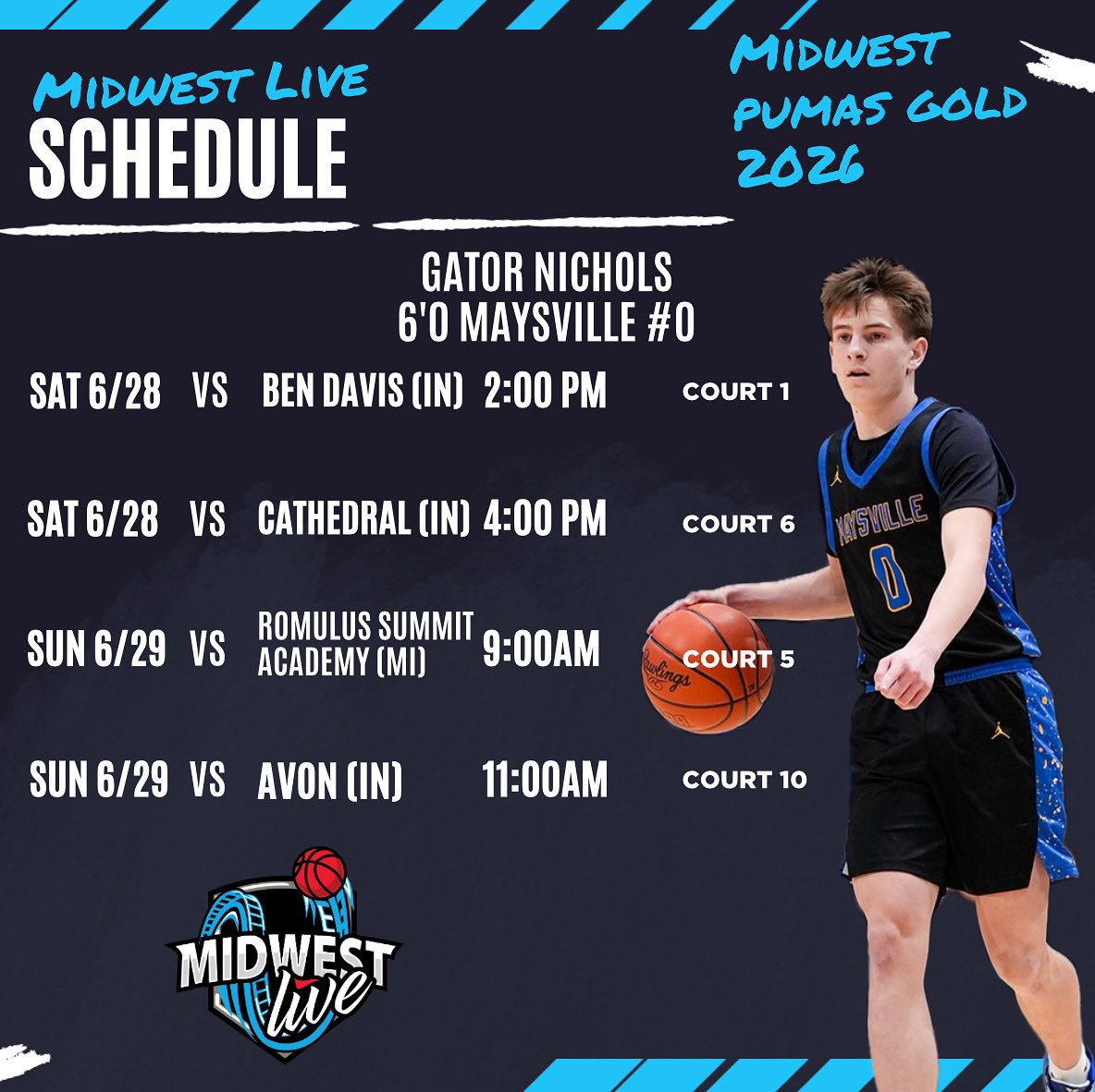 Midwest Pumas Gold 17u (@mwpumasgold) on Twitter photo Gator is our 8️⃣th player at #MWLiveBoys2K25 this weekend‼️ College coaches, here’s his schedule. <a href="/gator_nichols/">Gator Nichols</a> #MidwestFamily Gator is our 8️⃣th player at #MWLiveBoys2K25 this weekend‼️ College coaches, here’s his schedule. <a href="/gator_nichols/">Gator Nichols</a> #MidwestFamily