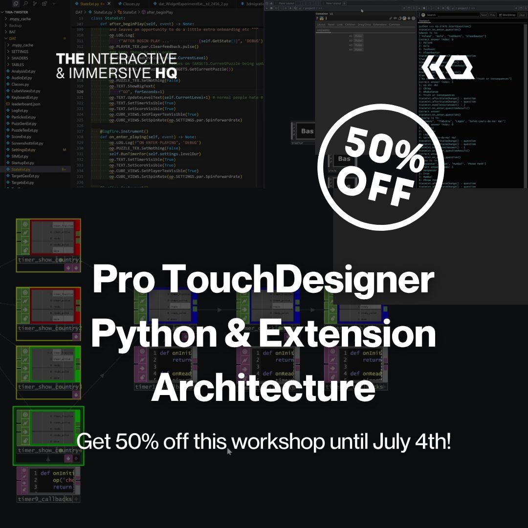 ImmersiveHq's tweet image. Transform your TouchDesigner and Python projects with our new course, &quot;Pro TouchDesigner Python &amp;amp; Extension Architecture&quot; - on sale 50% off for a limited time: iihq.tv/python-archite…

Learn to build robust Python extensions, implement state machines, and master Git workflows…